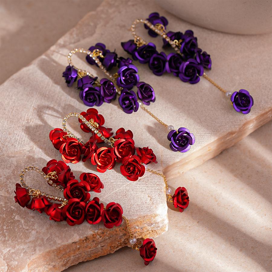 Elegant European & American Long Tassel Flower Earrings with Diamond-Inlaid Spray-Painted Design in Sterling Silver for Women
