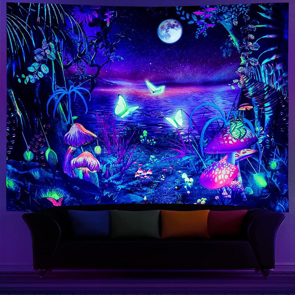 Fantasy Forest Tapestry Uv Fluorescent Butterfly Mushroom Wall Hanging Aesthetic Tapestry For Bedroom Living Room Dorm Decor 130x150cm