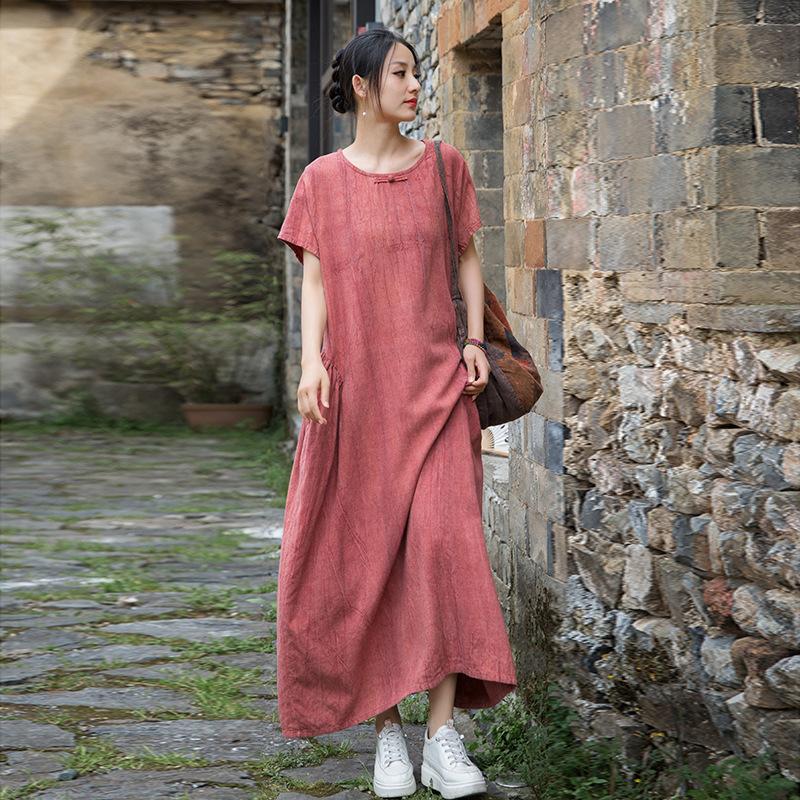 Johnature Women Vintage Dresses Chinese Style O-Neck Short Sleeve Cloths Summer Tie-dye Long Dress