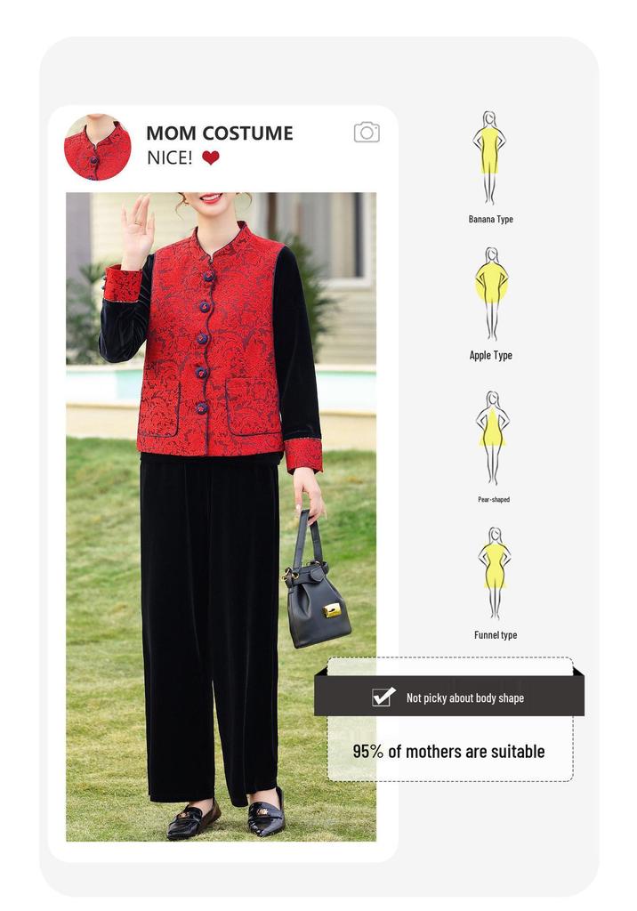 Spring Gold Velvet Suit - Chinese Zodiac Style for Middle-Aged Women