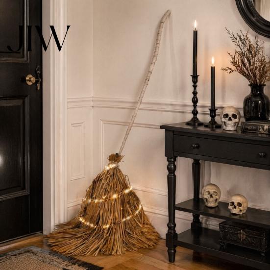 Vintage Style Halloween Ornament 5.5 Ft Giant Light-up Witch Broom, Twig Broom with String Light, Creepy Costume Accessory Rustic Farmhouse