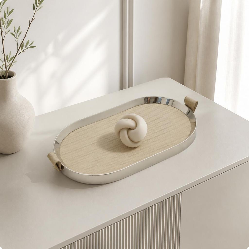 Stainless Steel Tray with Woven Inset Sturdy for Everyday Hosting