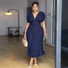 European and American women's clothing summer new fashion V-neck waist slim fit solid color pleated sleeve long dress dress