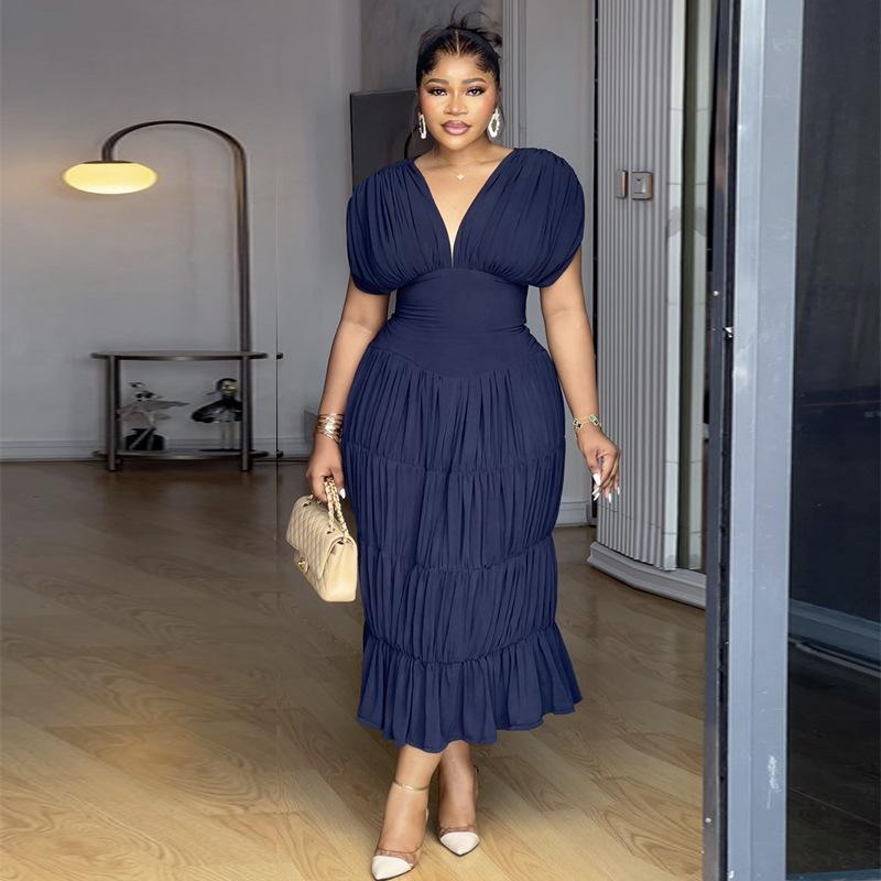 European and American women's clothing summer new fashion V-neck waist slim fit solid color pleated sleeve long dress dress