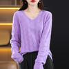 Women's 100% Hollow Wool V-Neck Sweater with Long Sleeves and Loose Collar - Autumn/Winter Style