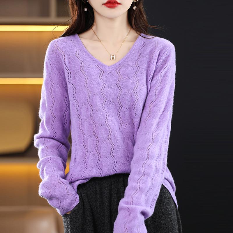 Women's 100% Hollow Wool V-Neck Sweater with Long Sleeves and Loose Collar - Autumn/Winter Style