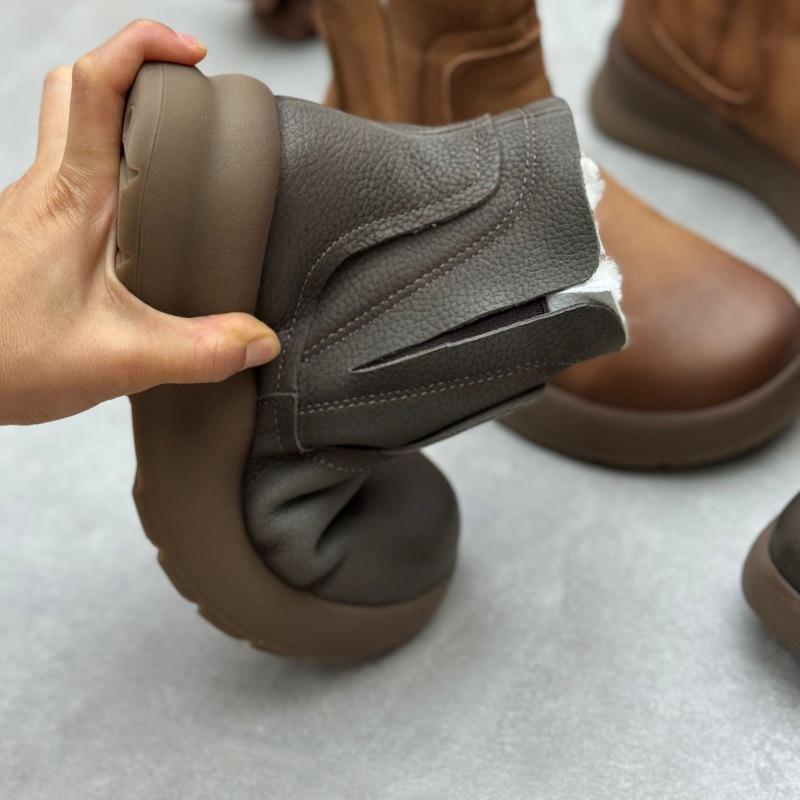 Johnature Echte Lederstiefel aus Baumwolle, handgefertigt, Retro, runde Zehenpartie, dicke Sohle, warme Wollstiefel für Damen