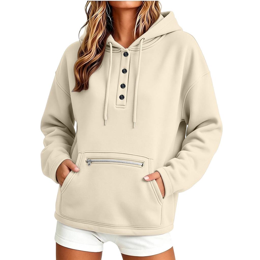 Felpa da donna con cappuccio, manica lunga, bottoni frontali, tasca, colore, per uso casual quotidiano
