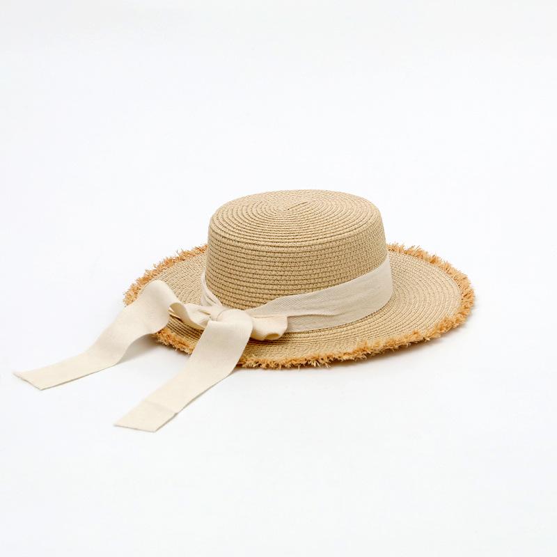 Rough edge straw hat women's summer bow flat top wide brim hat travel beach hat sunshade sun hat