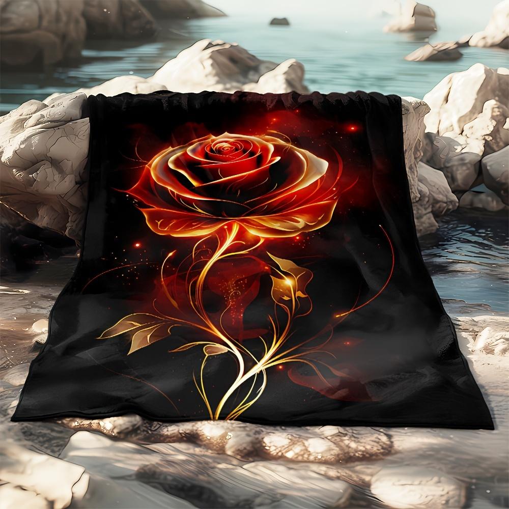 1pc Cozy Red Flame Golden Rose Printed Blanket Lightweight Flannel Throw Blanket For Sofa, Bed, Living Room, Office, Couch
