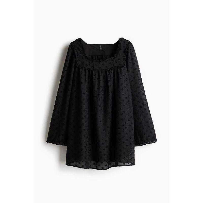 

HM Women clothes Collarless Dress 2025 Summer New Square Collar Long sleeve Perspective Dot Tulle One-Piece 1284004