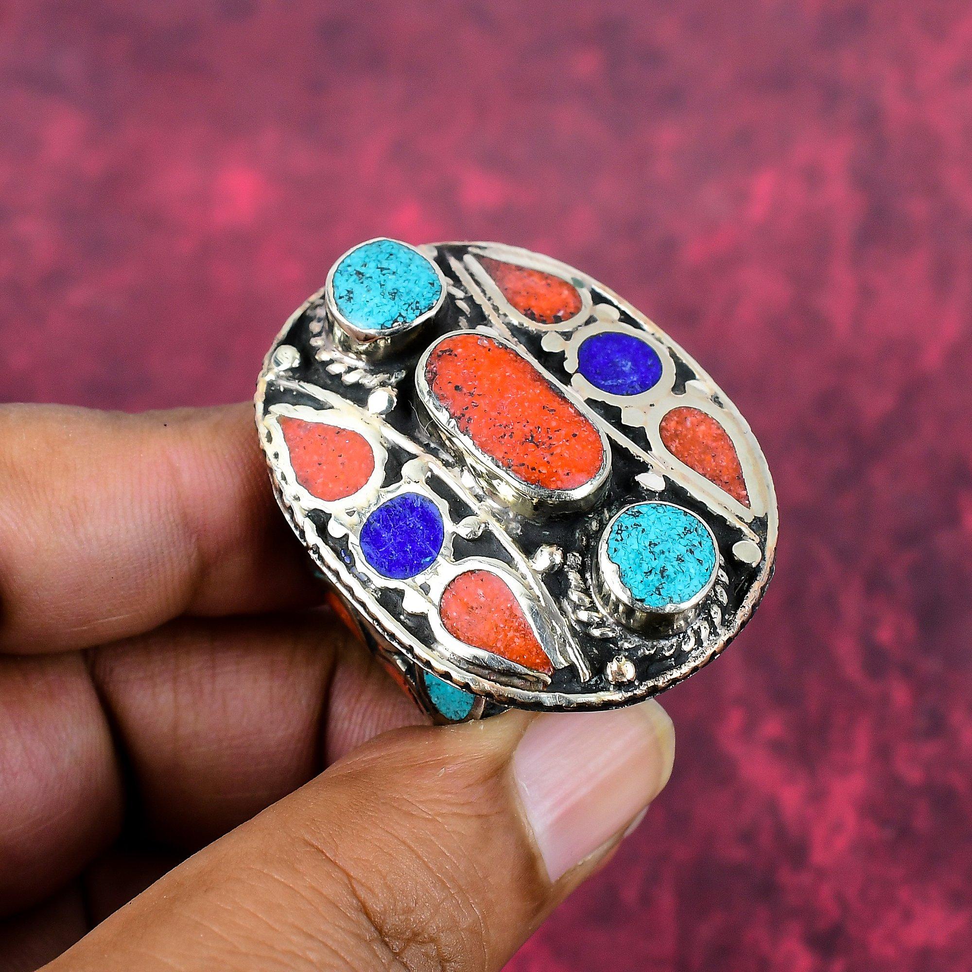

Turquoise, Coral & Lapis Lazuli Sterling Silver Nepali Ring, Handmade Gemstone Ring Jewelry, Gifts For Love Brand New Adjustable Ring