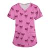 Women's Cute Bow Printed Work Clothes V-neck Double Layer Pockets Basic Short Sleeve Top Pullover