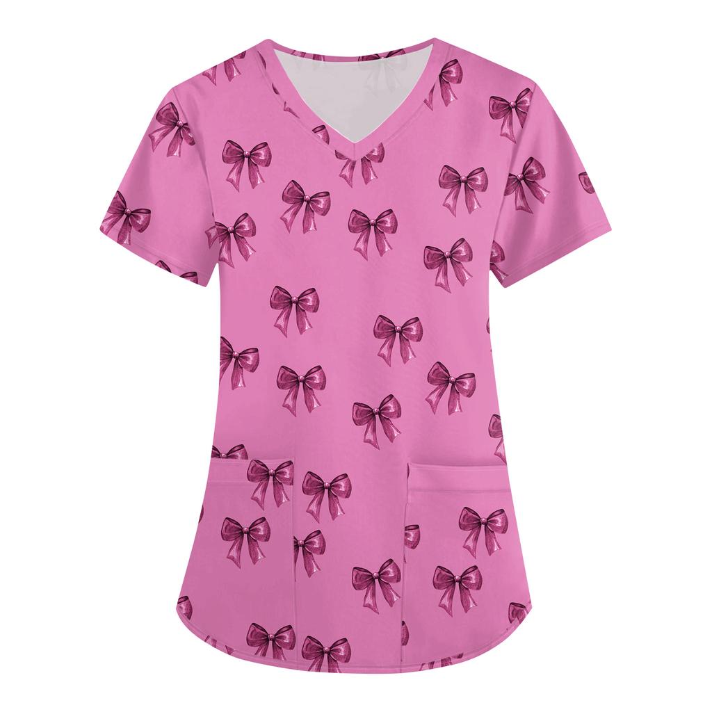 Women's Cute Bow Printed Work Clothes V-neck Double Layer Pockets Basic Short Sleeve Top Pullover