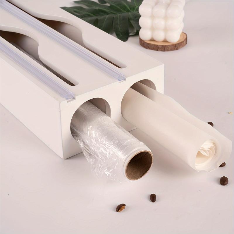 1pc Bamboo 2 In 1 Foil and Plastic Wrap Storage Box, Plastic Wrap Dispenser, Cling Film Storage Box, Household Storage Organizer