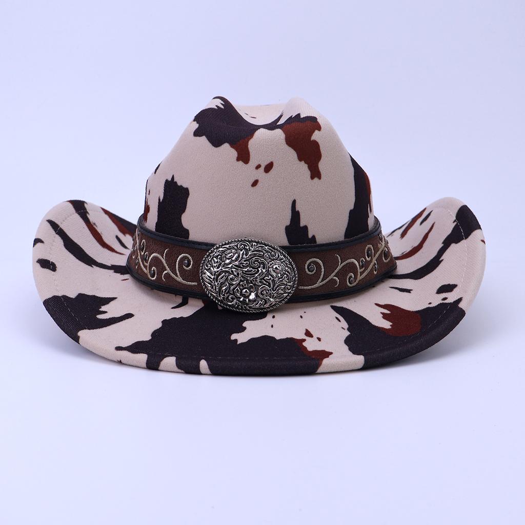 One-word cow pattern woolen top hat retro metal accessories western cowboy hat European and American sunshade retro jazz hat