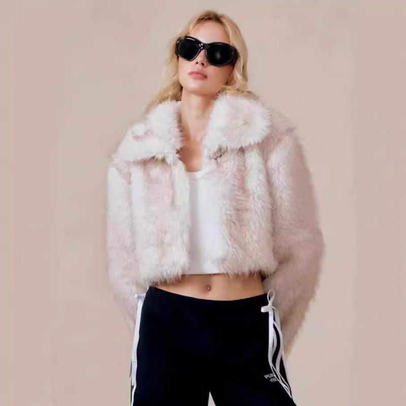 Womens Short Faux Fox Fur Trimmed Coat Winter Warm Thick Plush Outerwear POLO Collar Solid Base With Dyed Tips
