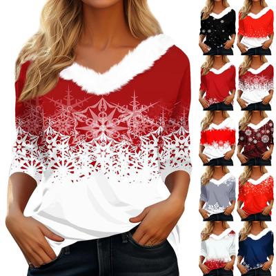 Damen T-Shirt Weihnachten Langarmshirt Party Weihnachten Fleecekragen V-Ausschnitt Top