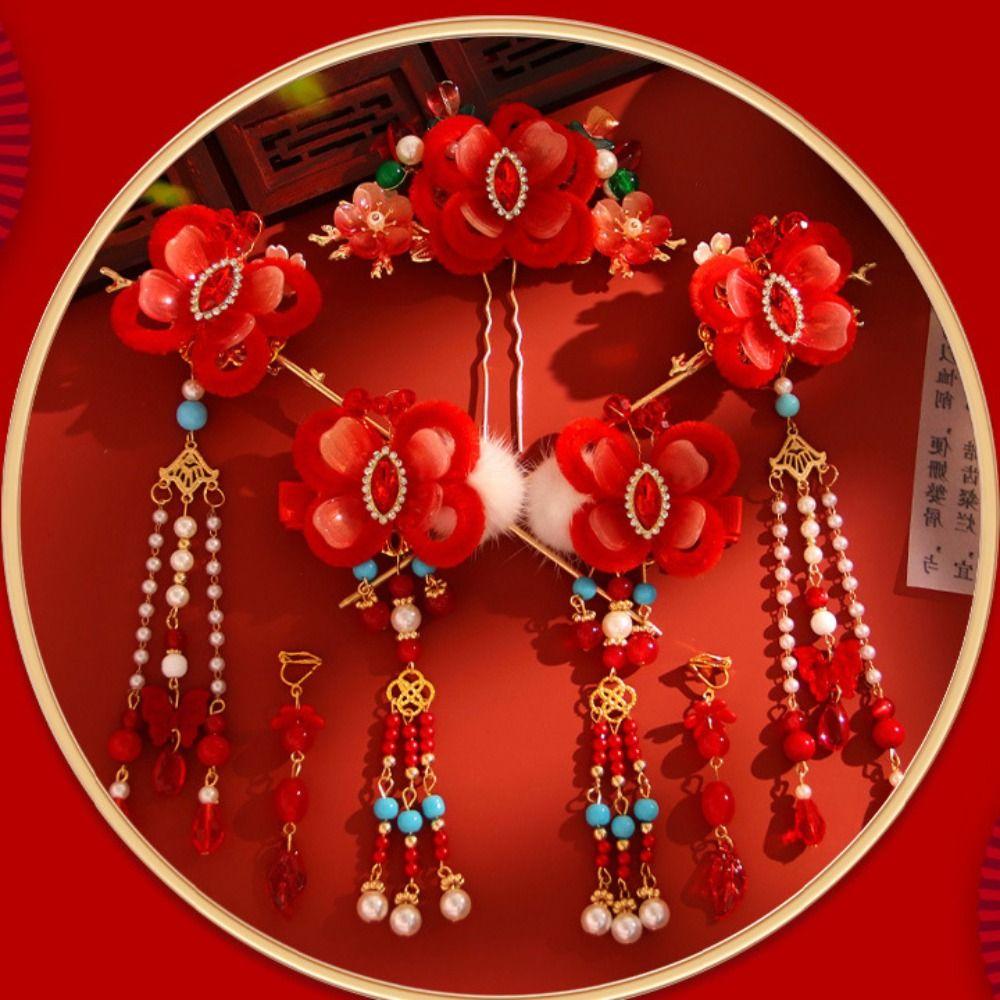 Tassel Chinese Style Hairpin Set New Year Flower Hair Comb Hanfu Hair Stick  Girl Hair Accessories