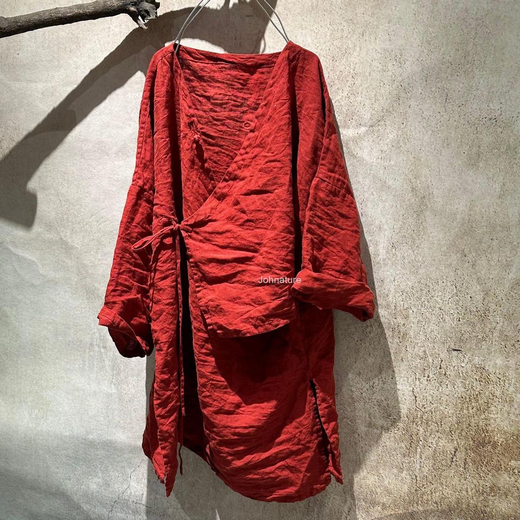 Johnature Women Vintage Shirts V-Neck Long Sleeve Tops Solid Color Spring Button Chinese Style Women Long Shirts