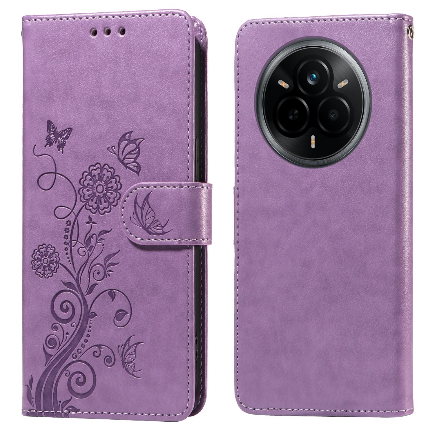 

For Realme 14 Pro 5G Leather Case Butterfly Floral Imprint Wallet Stand Cover Purple