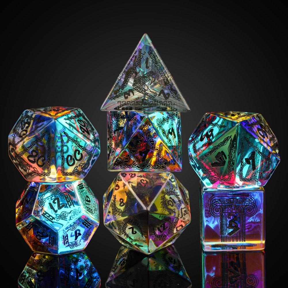 Cusdie Kleurrijke Glazen DND Dobbelstenen 7 Bliksem Edelsteen Dobbelstenen Handgemaakte Polyhedrale Dobbelstenen Set met Lederen Hoesje voor RPG Collectie Cadeau