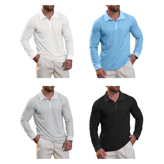 Men Waffle Golf Shirt Long Sleeve Turndown Collar Shirt Quarter Button Neck Casual Shirt for Vacation Office Party Date