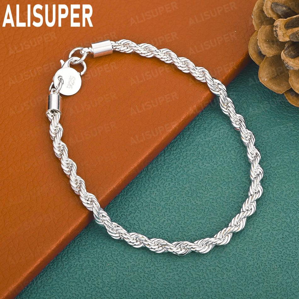 925 Sterling Silver 4mm Twisted Side Chain Exquisite Bracelet Gift Jewelry 20CM