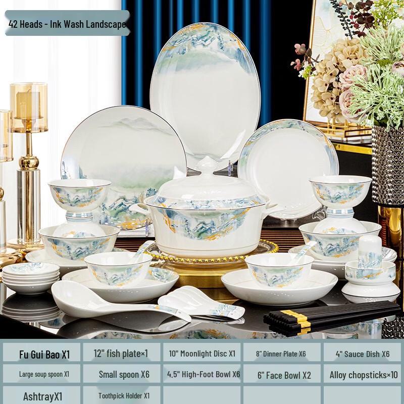 Jingdezhen Ink Cloud 42-Piece Bone China Dinnerware Set