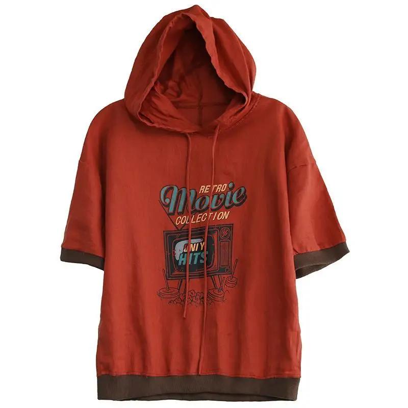 Damen Sommer Leichter Kapuzenpullover Kurzarm Koreanischer Stil Bedruckt Lockerer Sitz Boho Ethnisches T-Shirt