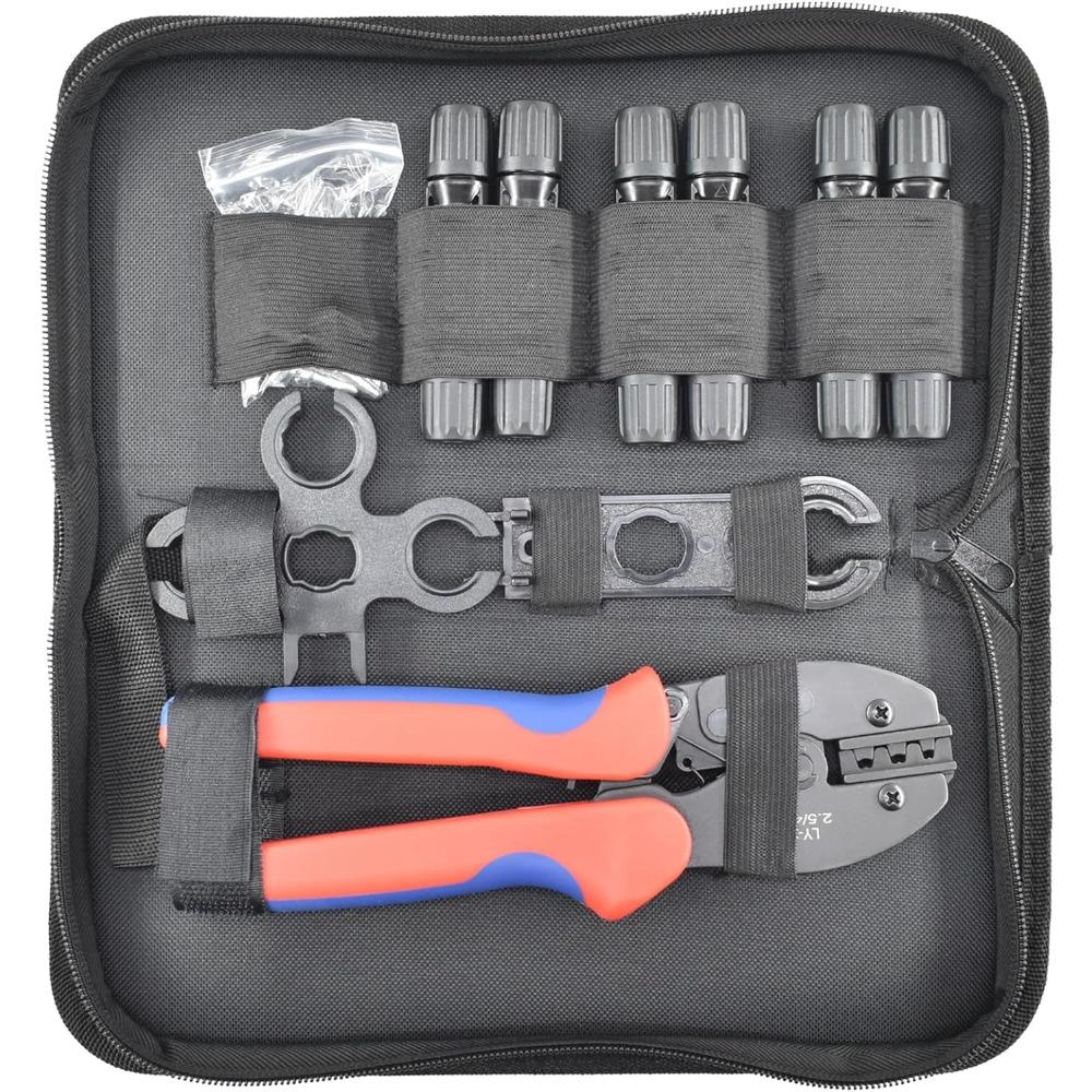 This heavy-duty solar cable crimping tool includes 6 pairs of panel connectors, 1 cable crimping pliers, 1 right-angle wrench, and 1 Phillips wrench.
