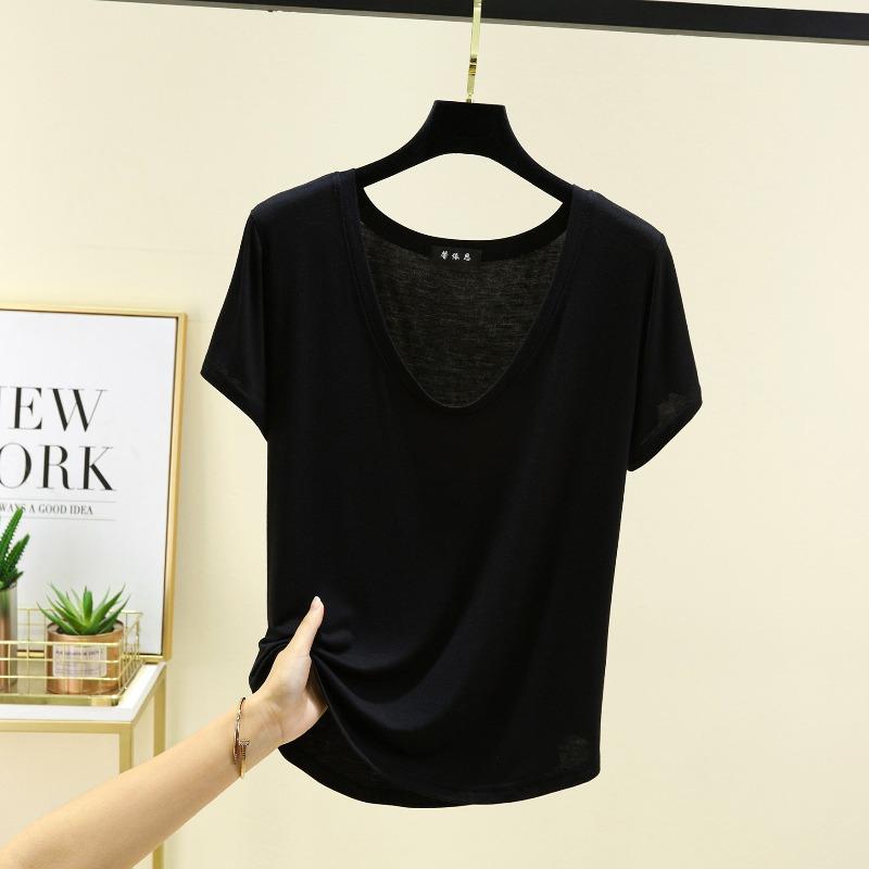 

Summer Solid Color Modal Collar Short-sleeved Shirt Women s Large Size Inner Bottoming Shirt Thin Outer Wear Korean Version Loose Top XXL чорний