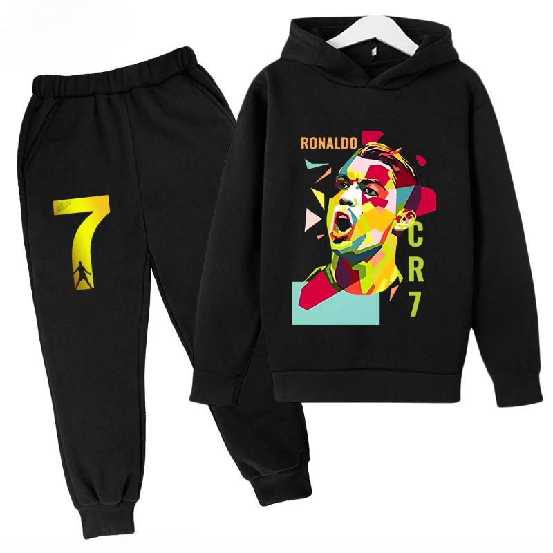 Children's Sports Hoodie Set  Sweatshirt Pants 2-piece Set for Boys and Girls Ronaldo Avatar Printed Kids Clothes Girls