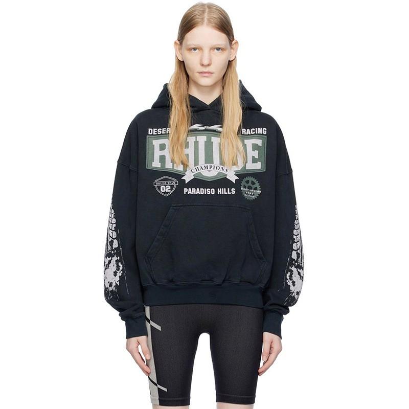 Rhude Vintage Letter Print Heavyweight Hoodie Men Women Loose Fit Streetwear Winter Long Sleeve Top