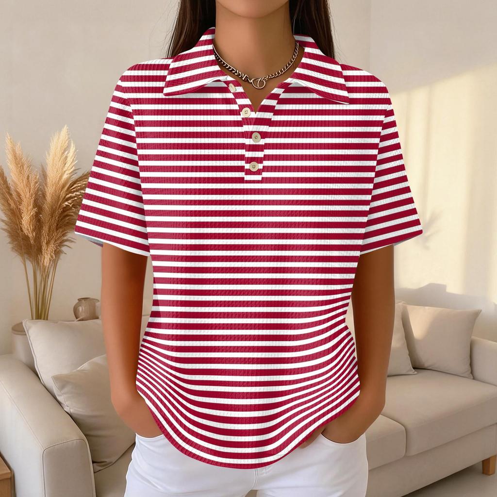 Women's Casual Short Sleeve Polo Shirt Waffle Texture Button Down Collar Top with Horizontal Stripes Pattern Suitable for Daily Wear