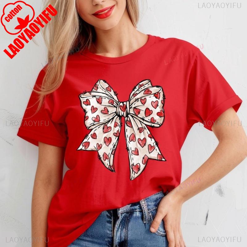 Valentines Day Heart Bow Coquette Bow Trending TShirt Novelty Gift for Girlfriend Crewneck Casual Style Printed Tshirt Tops