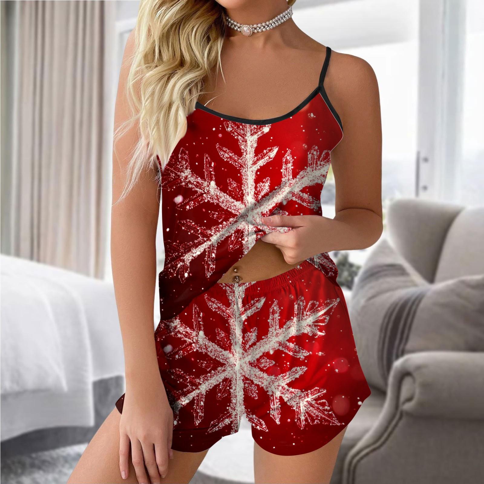 

Женский модный рождественский комплект с принтом без рукавов, топ, шорты и пижама M винный