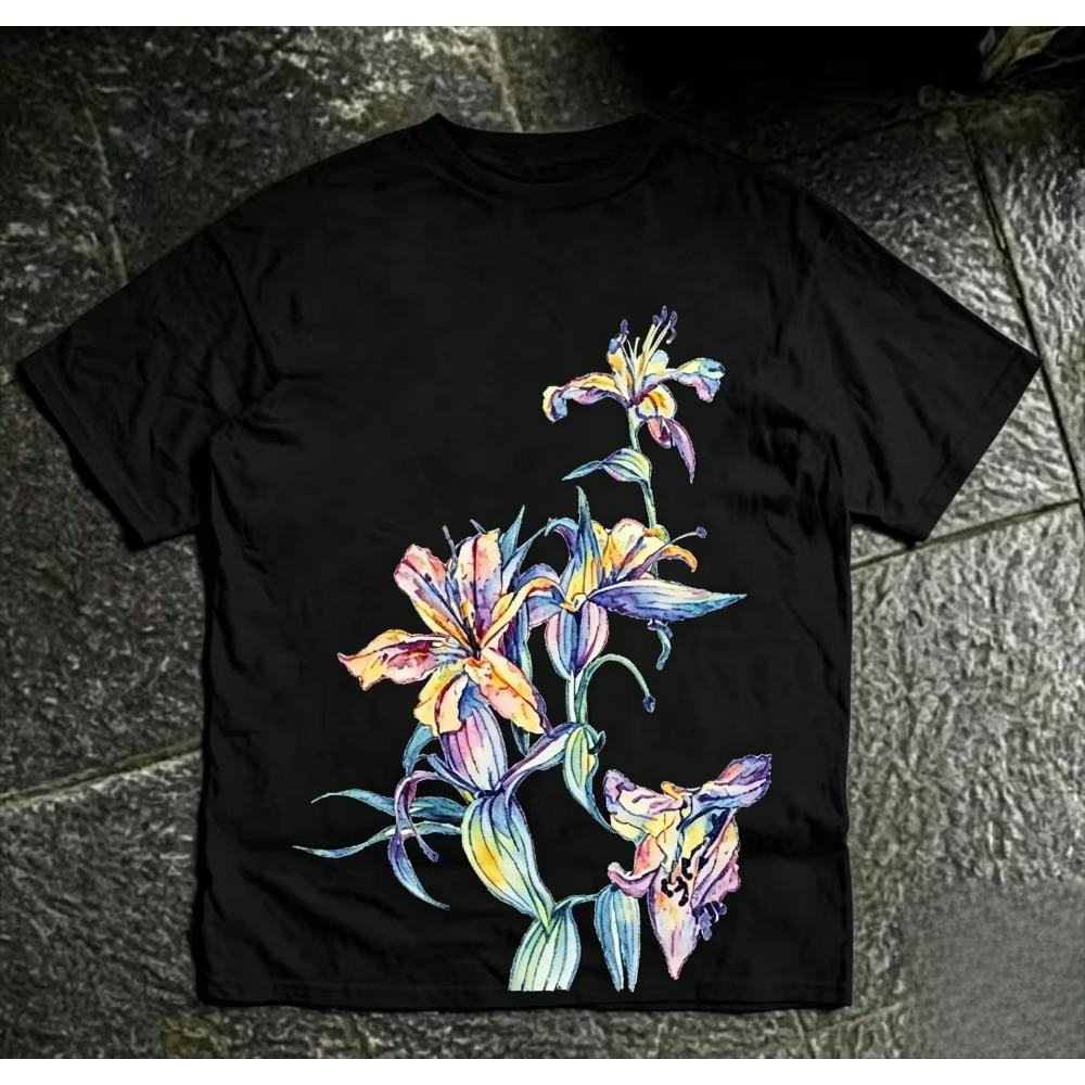 Retro Line Art Iris Flower Graphic Print Cotton Crew Neck Short Sleeve Tshirt Unisex Fresh Preppy Style Personality Casual Tops