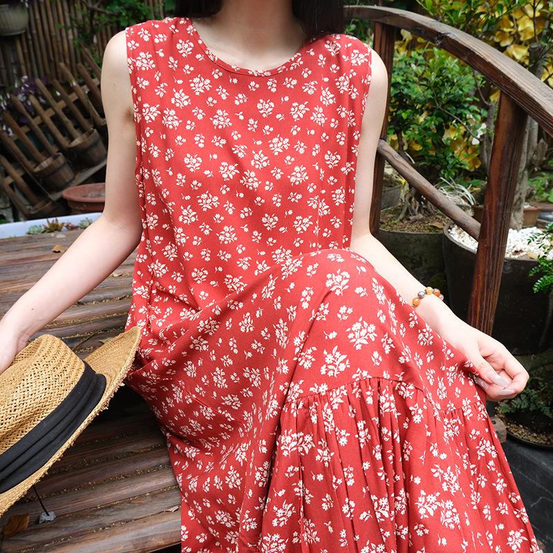 Robe de nuit sans manches en coton et soie pour femme, été, idyllique, ample, grande taille, peut être portée dehors, jupe fishtail en coton artificiel à fleurs