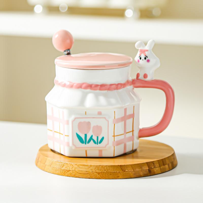 Tulip Rabbit Flower Couple Mug Creative High Value Home Office Ceramic Cup Coffee Cup with Lid