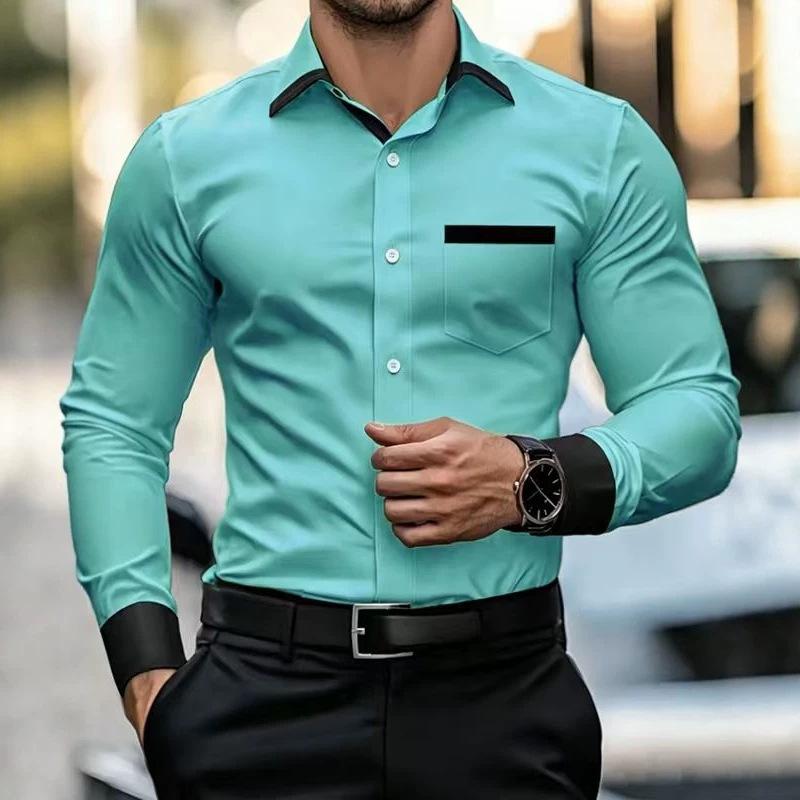 Men's Contrast Collar & Cuff Slim Fit Dress Shirt Long Sleeve Button Up Shirts Business Formal Casual Male Office Work Wear Blouse