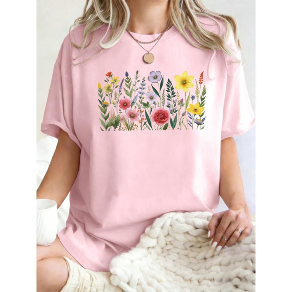 Rich Colors Simple Flowers Pattern Womens T Shirts Loose Cotton T-Shirt Summer O-Neck Short Sleeve Breathable Casual