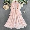 French Celebrity Vintage Lace Embroidery Long Sleeve Dress with Lotus Leaf Edge Women's Autumn and Winter Pearl Buckle Waist Long Dress