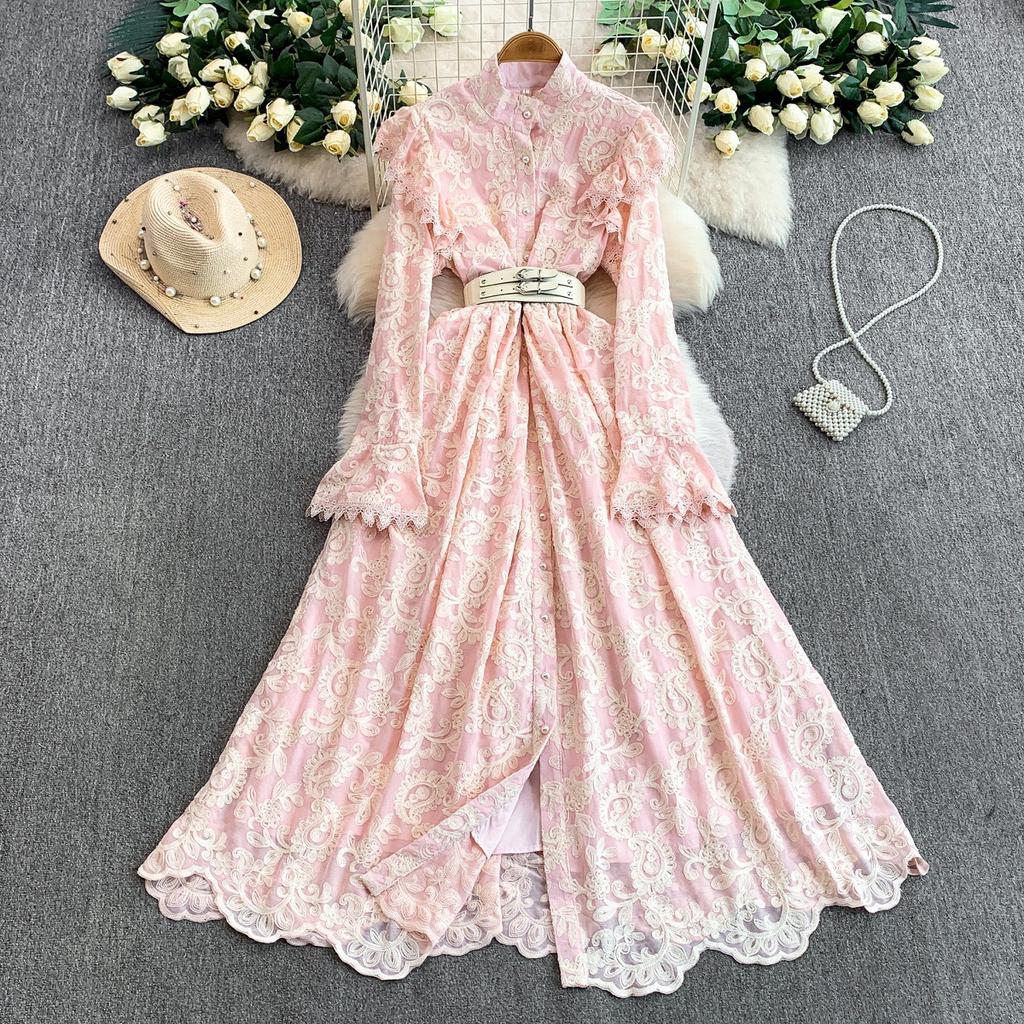 French Celebrity Vintage Lace Embroidery Long Sleeve Dress with Lotus Leaf Edge Women's Autumn and Winter Pearl Buckle Waist Long Dress