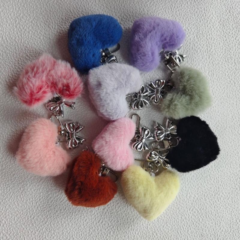 Sweet Plush Heart Bowknot Keychain Pendant Lovely Hanging Decorations Keyring Charm for Purse Bag Backpack Handbag