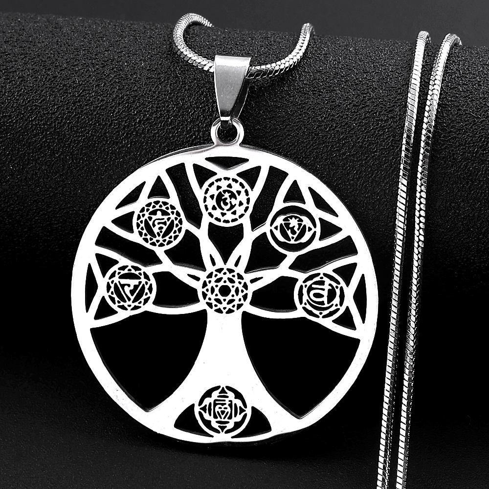 Yoga Hollow Tree of Life 7 Chakras Pendant Necklace for Women Men Stainless Steel Sacred Geometry Reiki Healing Chain Jewelry