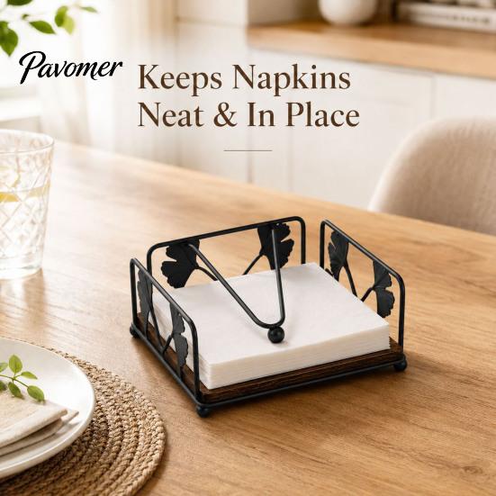 Rustic Napkin Holder Holder, with Anti-Slip Wooden Base And Weighted Arm, Smooth Stable Dispenser Access Square Iron Stand, for Restaurants