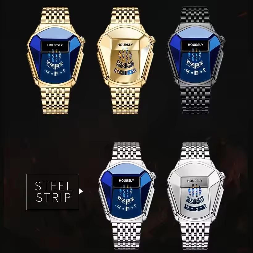 HOURSLY 6617 Fashion Men's Watches Motorcycle Cool Waterproof Sport Wristwatch Quartz Stainless Steel Belt Watch Gold Band Clock