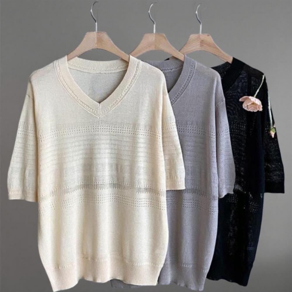New ArriVals Open Run Women V Neck Short sleeVe Knit Scallop Punching Viscose