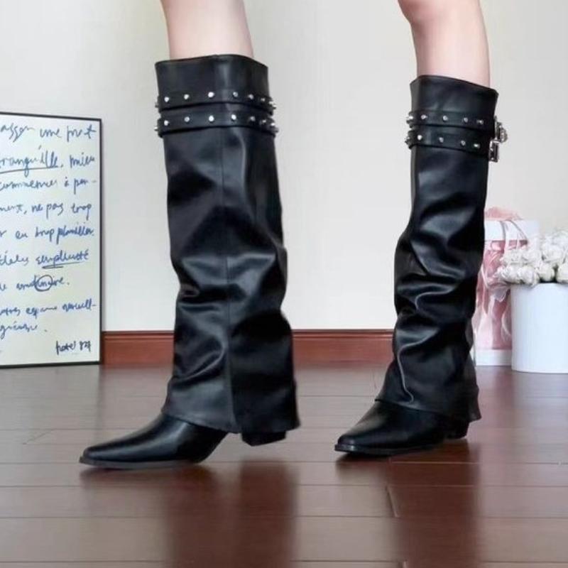 Fashion Elegant Women Knee High Boots Pointed Toe High Heels Shoes Sexy 2025 Winter New Chunky Motorcycle Boots Party Pumps Woman Botas